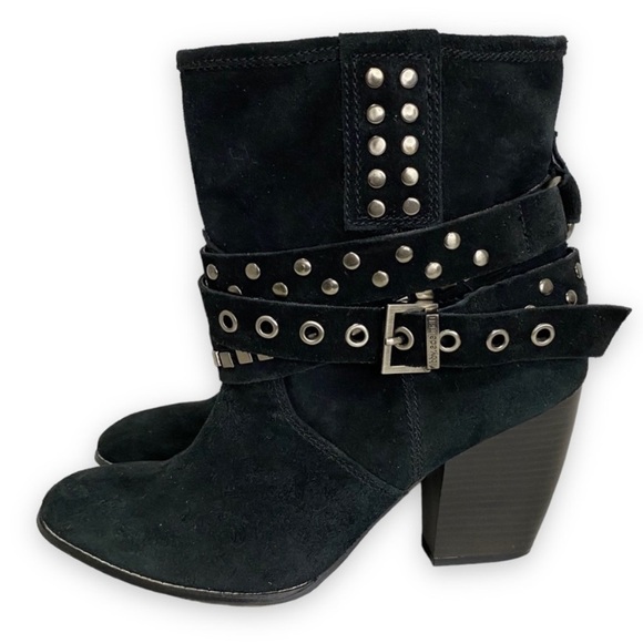 libby. edelman Shoes - libby Edelman - Black Suede STudded Wrap Buckle Heeled Boot - Size 9.5 China